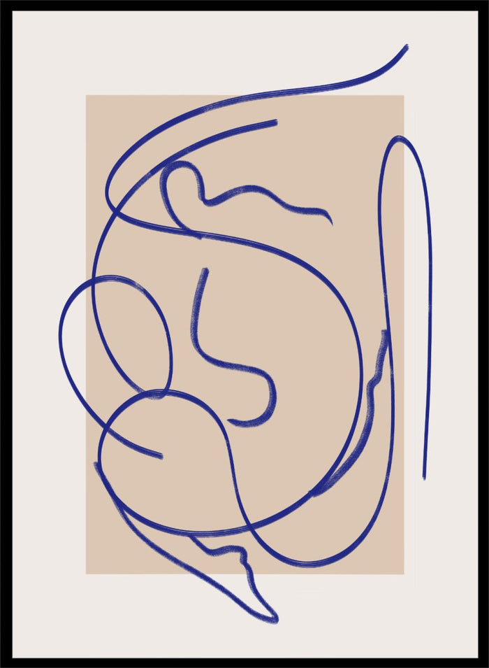 Abstract blue line art on a beige background. Abstract Fluid Line by Little Dean minimalist line art print featuring abstract female figure drawing, modern continuous line illustration wall art poster.