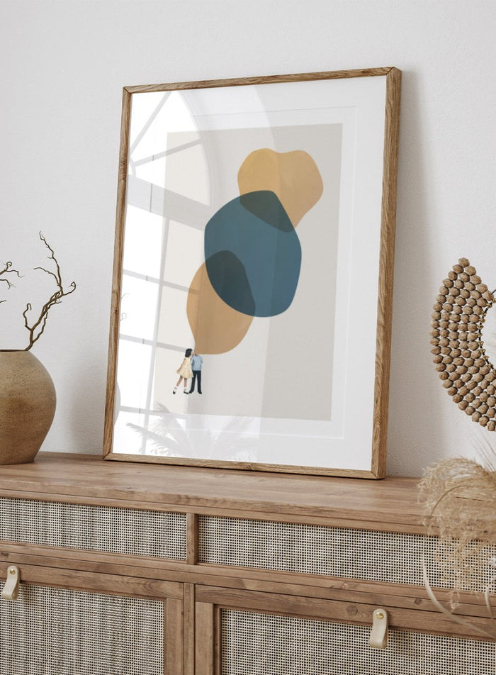 A Thousand Stories to Tell You by Maarten Léon collage art print showing two children with abstract shapes above them. Premium fine art print with real wood framing.