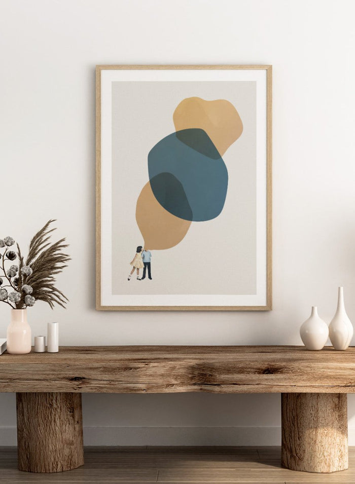 A Thousand Stories to Tell You by Maarten Léon collage art print showing two children with abstract shapes above them. Premium fine art print with real wood framing.