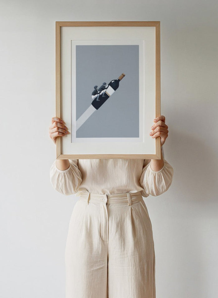 We Ride Until Dawn by Maarten Léon is a minimalist collage art print about risk, ambition, and connection. Premium fine art print with real wood framing.