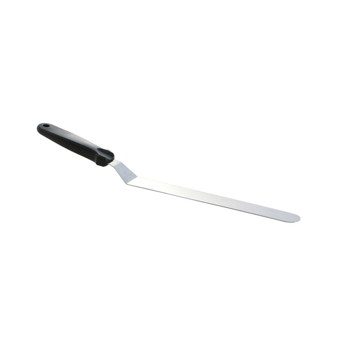Martellato 10 inch stainless steel offset spatula with black handle for professional cake icing and pastry work