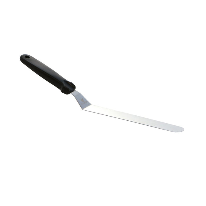 Martellato 8 inch stainless steel offset spatula with black handle for professional cake icing and pastry work