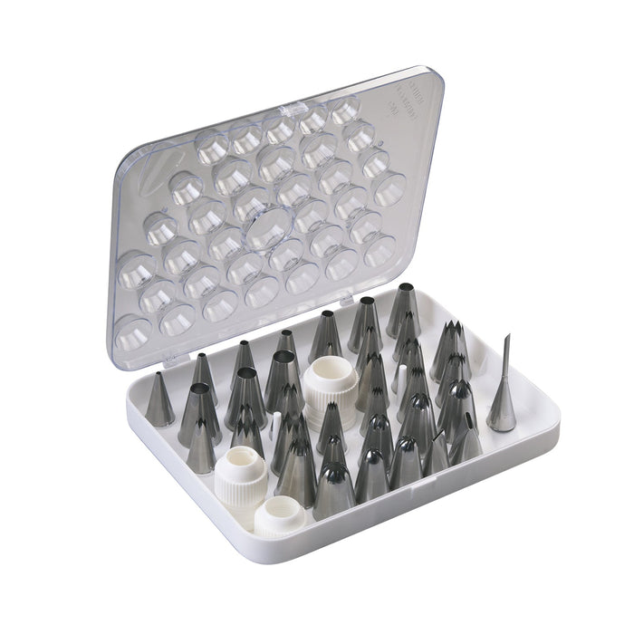 Martellato large stainless steel piping tip set with 36 decorating nozzles in plastic storage case