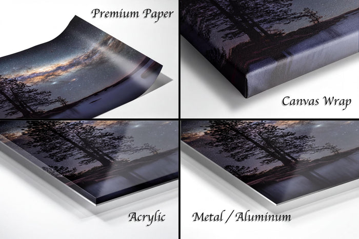 The image is a collage of four different views of a landscape photograph, including a close-up of the canvas wrap, a close-up of the acrylic, a close-up of the metal/aluminum, and a close-up of the premium paper.