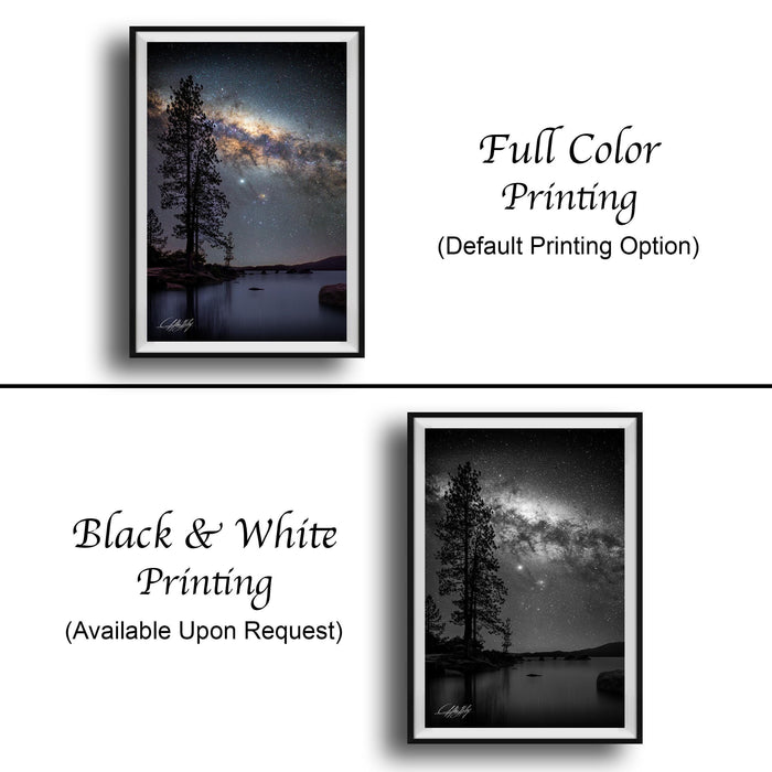 The image is a collage of two framed pictures, one in black and white and the other in full color. The black and white picture depicts a tree and a lake, while the full color picture shows a starry night sky over a lake. Both pictures are framed with a black border and are available upon request.