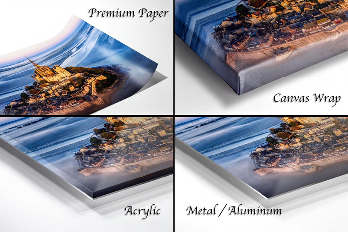 The image is a collage of four different views of a cityscape, each with a distinct finish: "Premium Paper", "Canvas Wrap", "Acrylic", and "Metal/Aluminum".