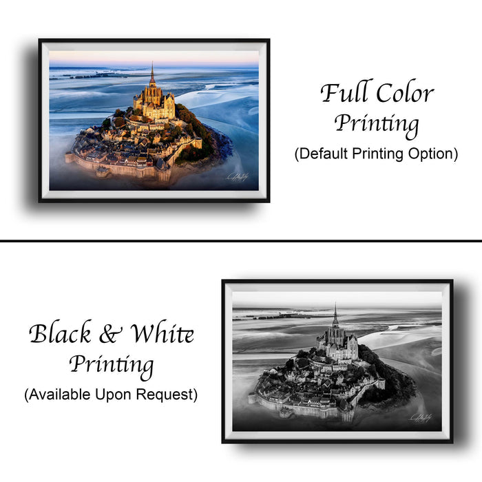 The image is a collage of two framed pictures. The top picture is a full color print of a castle on a hill, while the bottom picture is a black and white print of the same castle. Both pictures are framed and available upon request.