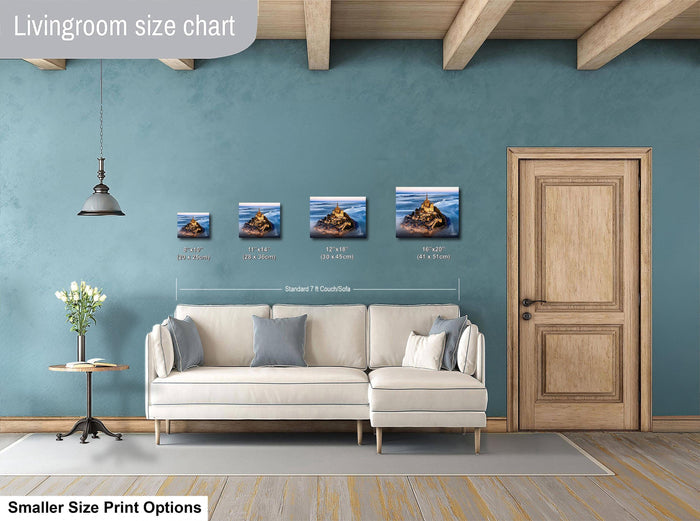 a living room with a white sofa and a wooden door. Above the sofa, there is a size chart displaying the dimensions of four framed prints in inches.