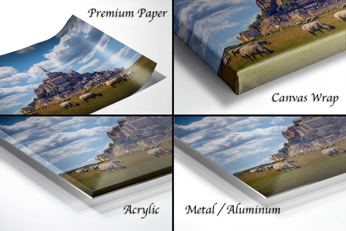 The image is a collage of four different views of a pastoral scene, including a castle, sheep, and a cloudy sky.