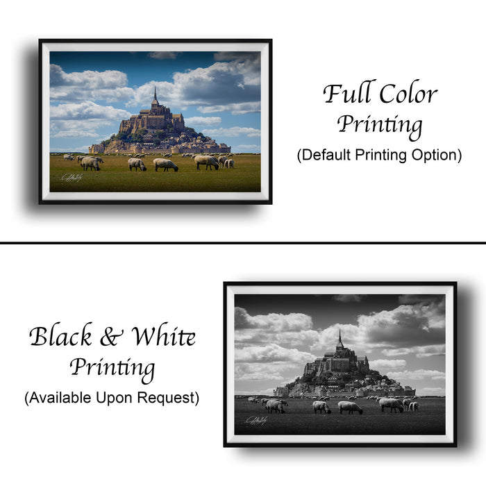 The image is a collage of two framed pictures. The top picture is a full color print of a castle on a hill, while the bottom picture is a black and white print of the same castle. Both pictures are framed and available upon request.