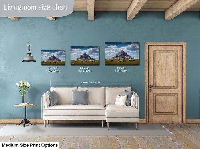 The image is a livingroom size chart with three framed prints of a castle or palace in different sizes, along with a white sofa and a wooden door.