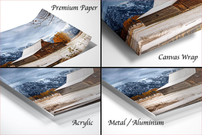 The image is a collage of four different pictures, each depicting a snowy landscape with a wooden building. The images are labeled as "Premium Paper", "Canvas Wrap", "Acrylic", and "Metal/Aluminum".