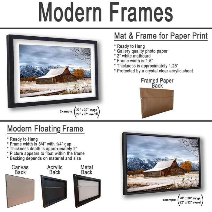 The image is a collage of two framed pictures, one of a snowy mountain landscape and the other of a wooden cabin. The collage features a mat and frame for a paper print, a modern floating frame, and a framed paper back.