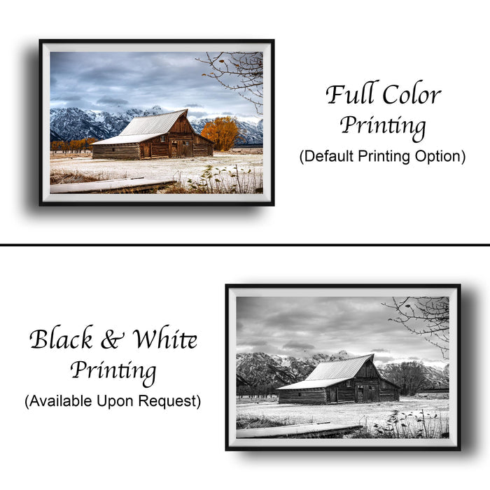 The image is a collage of two framed pictures. The top picture is a full color print of a snowy barn surrounded by trees, while the bottom picture is a black and white print of the same barn. Both pictures are framed and available upon request.