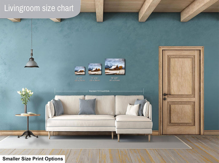 a living room with a white sofa, a wooden door, and a hanging light fixture. There are three framed landscape paintings on the wall, each with different sizes and dimensions. The text "Livingroom size chart" is visible, indicating that the image is a size chart for the living room.