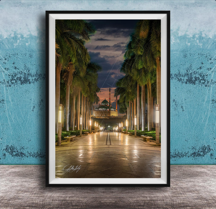 A framed photograph depicting a serene nighttime scene of a palm-lined walkway leading towards a building with a dome, illuminated by warm lighting.