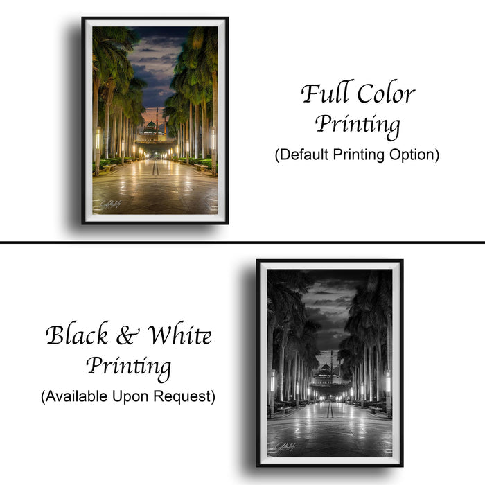 The image is a collage of two framed pictures. The top picture is a full color print of a street lined with palm trees at night, while the bottom picture is a black and white print of the same street at night. Both pictures are framed and available upon request.