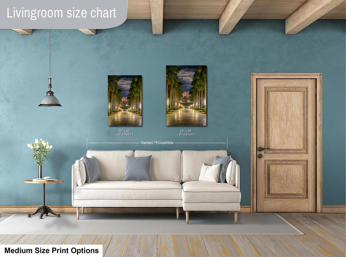 a living room with a white sofa, a wooden door, and a painting of a street scene on the wall.