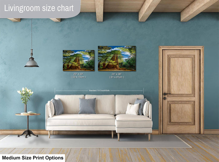 a living room with a white sofa, a wooden door, and a painting hanging on the wall. The painting is of a forest scene, and the sofa is positioned in front of it. The living room appears to be well-lit and decorated with various elements, such as a potted plant and a vase.
