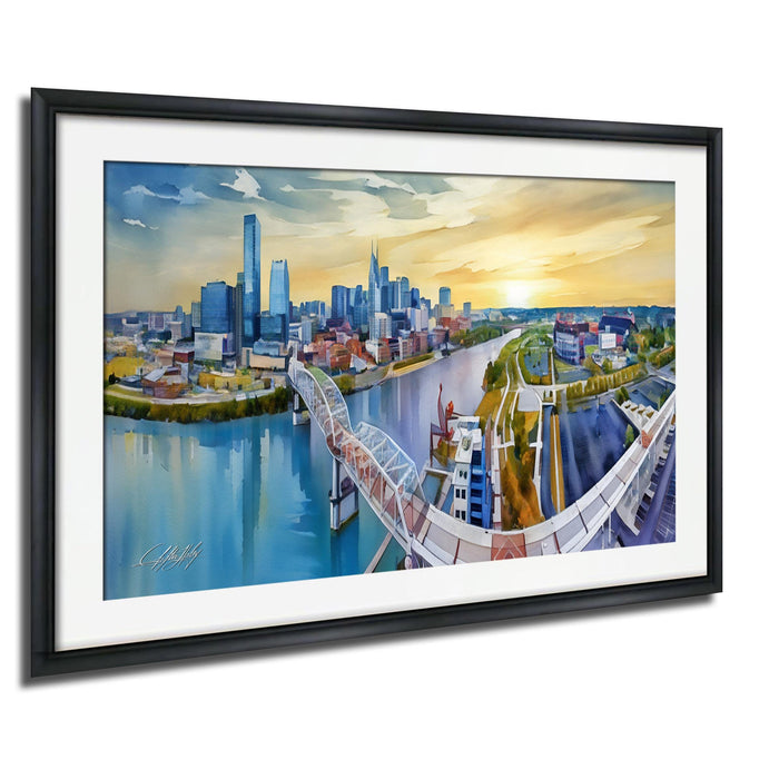 The image is a framed painting depicting a cityscape with a bridge, buildings, and a river.