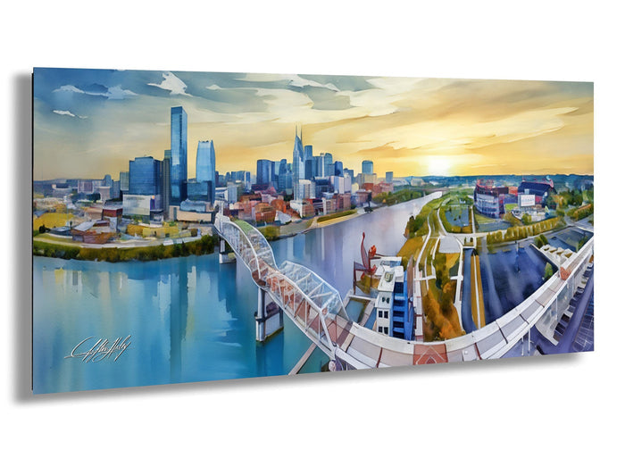 Nashville skyline drone print, aerial view of Cumberland River, Nashville pedestrian bridge wall art, Titans stadium sunset photo, Batman Building skyline print, Music City photography wall decor, Tennessee cityscape metal print, downtown Nashville at golden hour, autumn skyline photo Nashville, faith inspired city wall art, Christian drone photographer print, sunset worship skyline art, modern Nashville wall piece, drone cityscape faith based print, Nashville art for living room