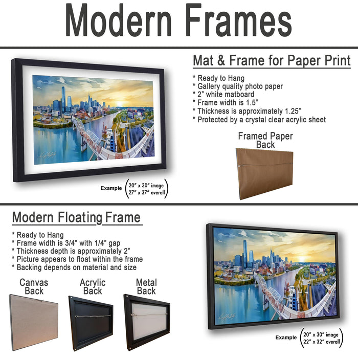 The image is a collage of two framed artworks, one of which is a mat and frame for a paper print, and the other is a modern floating frame.