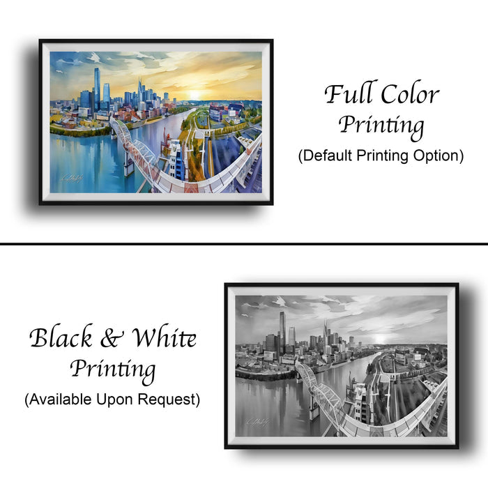 The image is a collage of two framed pictures. The top picture is a full color painting of a cityscape, while the bottom picture is a black and white photograph of the same cityscape. Both pictures are framed and available upon request.
