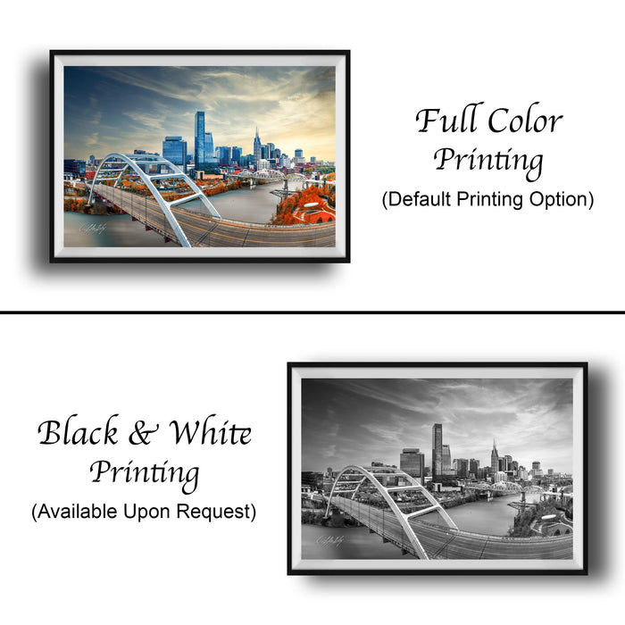The image is a collage of two framed pictures. The top picture is a full color print of a city skyline, while the bottom picture is a black and white print of the same city skyline. Both pictures are framed and available upon request.