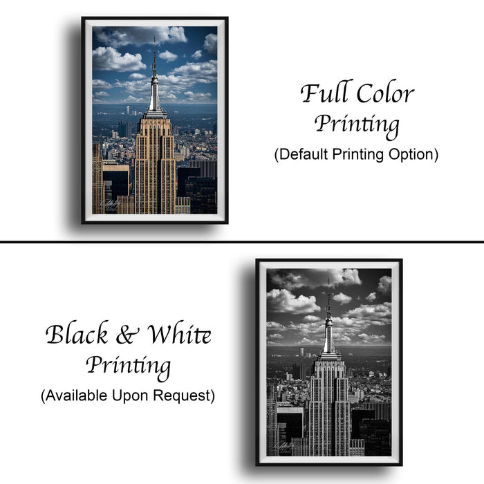 The image is a collage of two framed pictures, one in black and white and the other in full color. The black and white picture depicts the Empire State Building, while the full color picture shows the same building in a more vibrant palette. Both pictures are framed and available upon request.