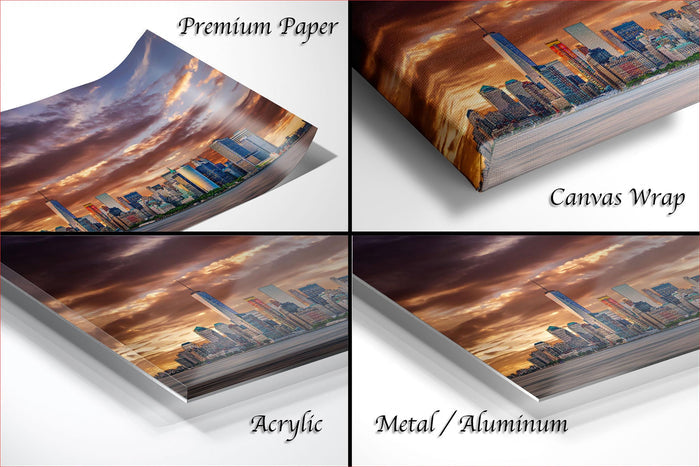 four different views of a city skyline at sunset, with the cityscape appearing on a piece of paper, a canvas wrap, and a metal or aluminum surface.