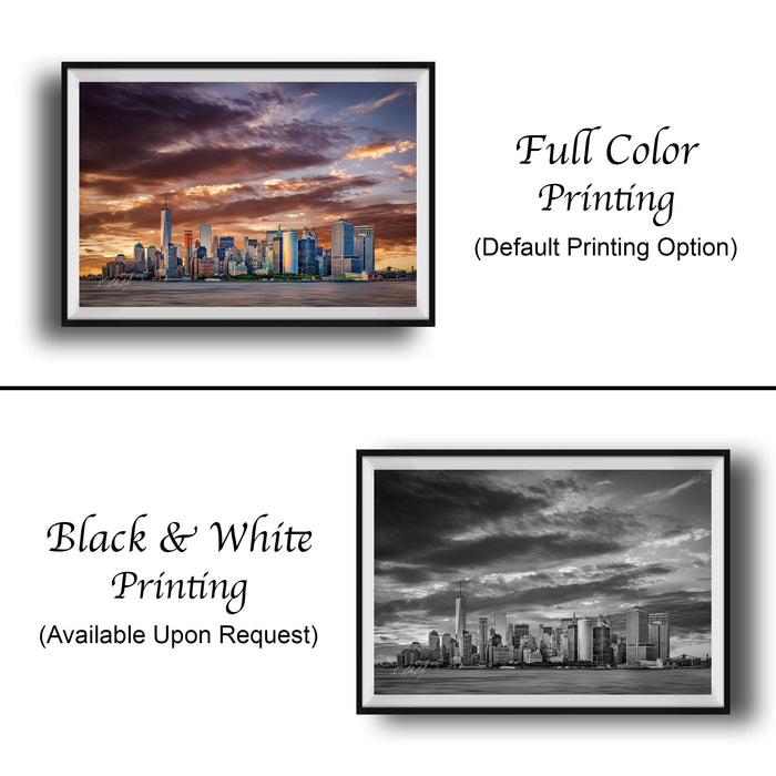 The image is a collage of two framed cityscape photographs. The top photograph is a full color print, while the bottom photograph is a black and white print. Both images depict the skyline of a city, with tall buildings and a dramatic sky. The top photograph has a vibrant color palette, while the bottom photograph has a more subdued, monochromatic appearance. The text below the images indicates that the full color printing is available upon request, and the black and white print is not.