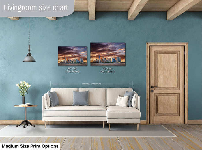 a living room with a white sofa, a wooden door, and a painting of a city skyline on the wall. The painting is of medium size, and the living room appears to be designed for a comfortable and stylish living space.
