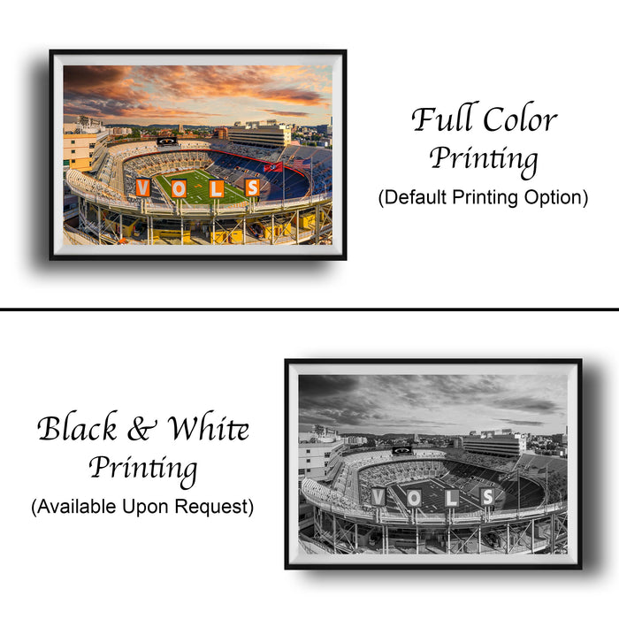 The image is a collage of two framed pictures. The top picture is a full color print of a stadium, while the bottom picture is a black and white print of the same stadium. Both pictures are labeled as "Full Color Printing" and "Black & White Printing (Available Upon Request)" respectively.