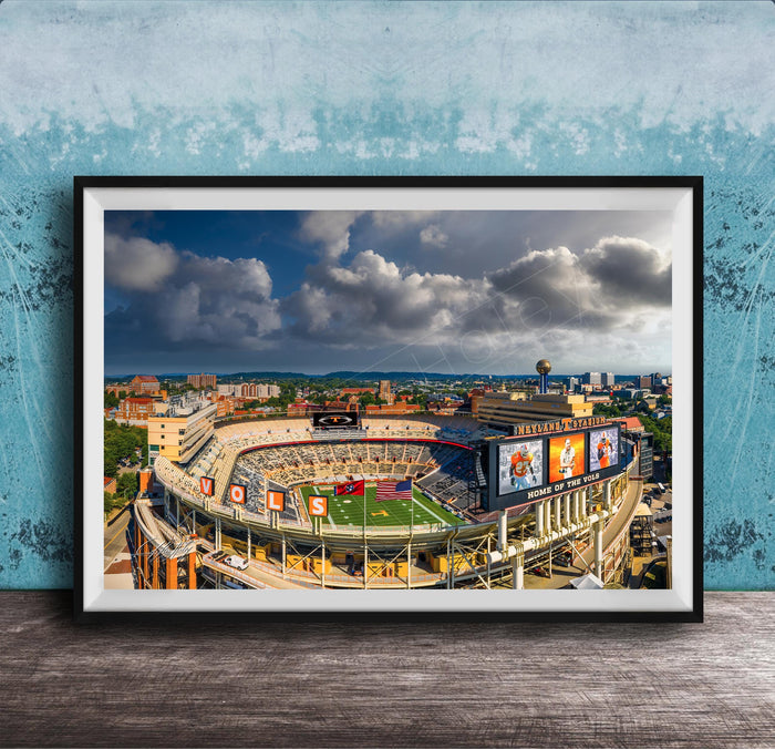 The image is a framed photograph of a football stadium with a city skyline in the background.