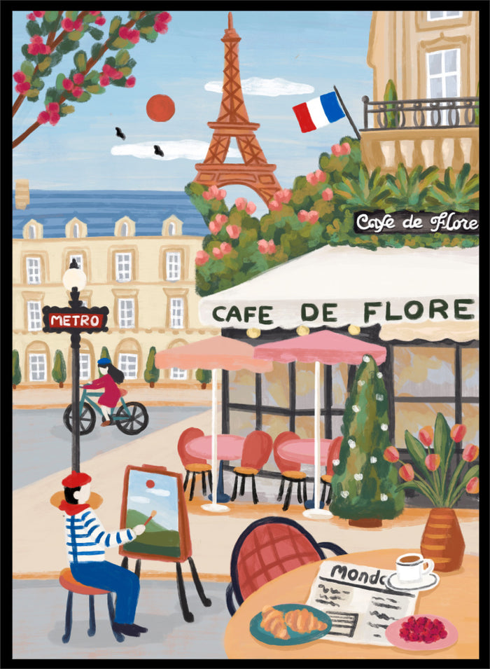 A colorful illustrated Paris street scene with the Eiffel Tower, a cafe exterior labeled Cafe de Flore, a cyclist, a seated painter, flowers, and a French flag. Shop Paris Cafe Life by Nidhi Kachhadiya, a colorful Paris wall art print inspired by French café culture, the Eiffel Tower, and charming European city life.
