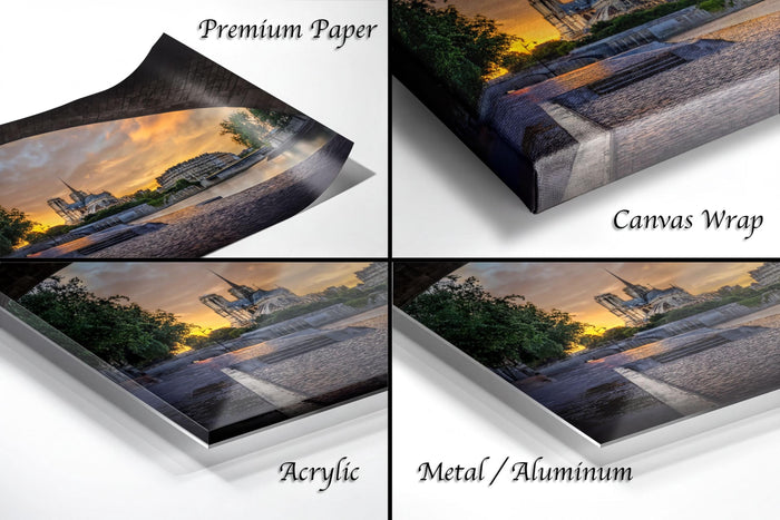 The image is a collage of four photos depicting a sunset over a cityscape, with the text "Premium Paper", "Canvas Wrap", "Acrylic", and "Metal/Aluminum" indicating the materials used for the prints.