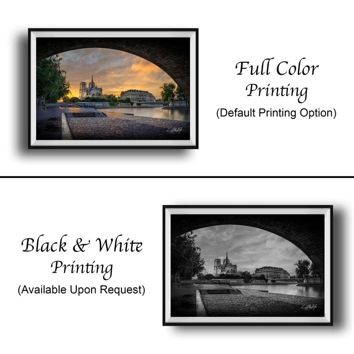 The image is a collage of two framed photographs. The top photograph depicts a scenic view of a city skyline at sunset, while the bottom photograph shows a cityscape with a bridge and trees. The text below the images indicates that the full color printing is available upon request, and the black and white printing is also available.