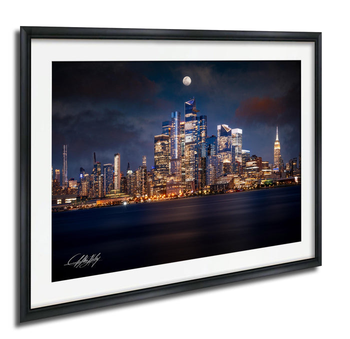 A nighttime cityscape with illuminated skyscrapers and a full moon in the sky.
