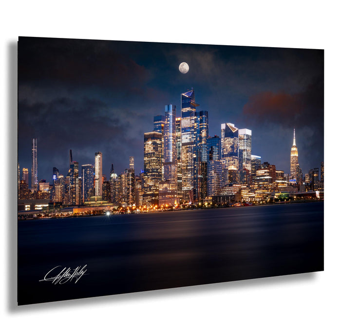 A nighttime cityscape with a full moon and a skyline of illuminated skyscrapers.