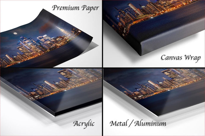 The image is a collage of four different views of a city skyline at night, showcasing the city's lights and architecture.