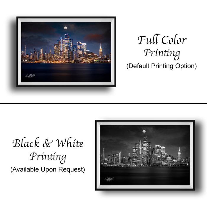 The image is a collage of two framed cityscape photographs. The top photograph depicts a city skyline at night with a full moon, while the bottom photograph shows a city skyline at night without a full moon. Both images are labeled as "Full Color Printing" and "Black & White Printing" and are available upon request.