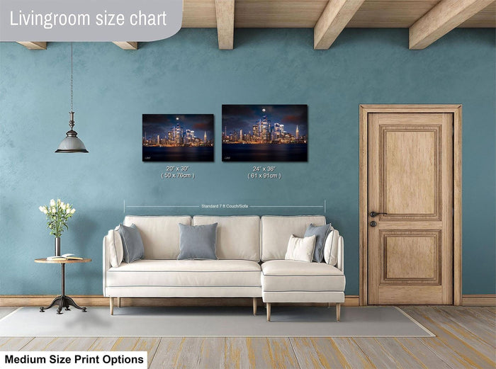 a living room with a white sofa, a wooden door, and a painting of a city skyline on the wall. The painting is of a medium size, and the living room appears to be designed for a comfortable and stylish living space.