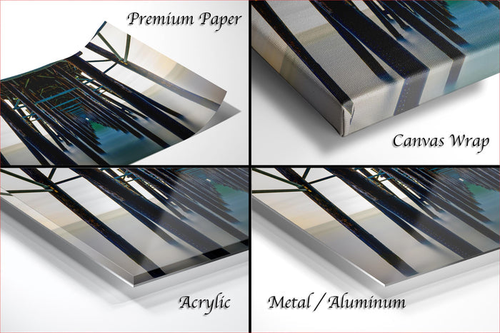 The image is a collage of four different types of print materials, including premium paper, canvas wrap, acrylic, and metal/aluminum.