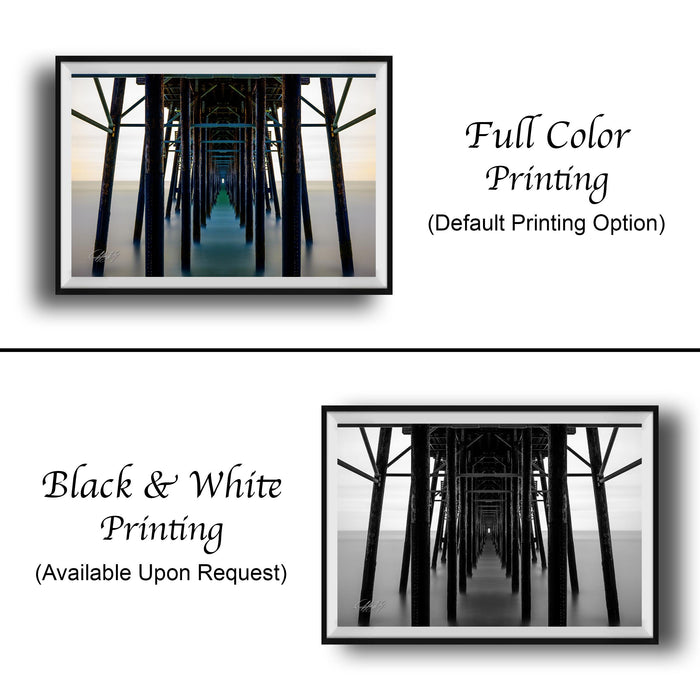 The image is a collage of two framed photographs. The top photograph shows a long pier with a series of dark wooden beams, while the bottom photograph depicts the same pier from a different angle, with the perspective appearing to be from above. The text below the images indicates that the full color printing is available upon request.