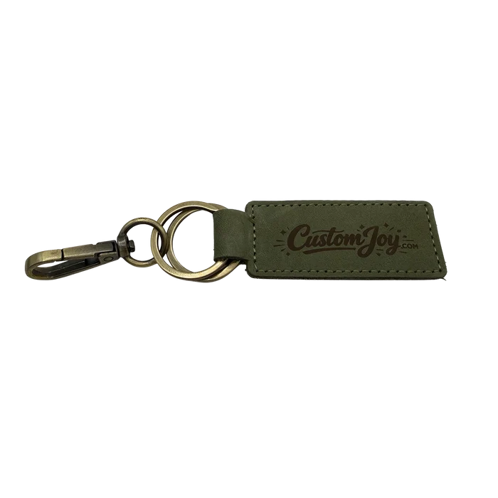 Olive green leather keychain with engraved personalized name or initials
