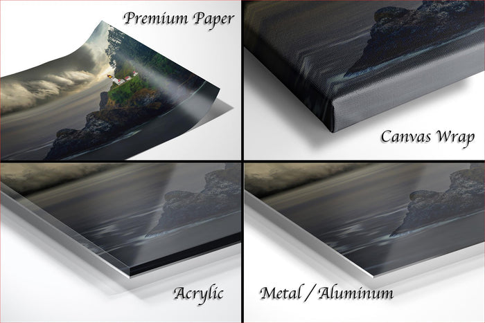 The image is a collage of four different images, each depicting a landscape scene. The images are labeled as "Premium Paper", "Canvas Wrap", "Acrylic", and "Metal/Aluminum".