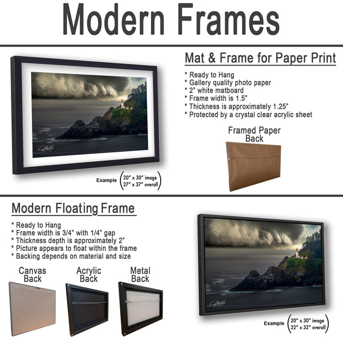 The image is a collage of two framed artworks, one of which is a mat and frame for a paper print, and the other is a modern floating frame.