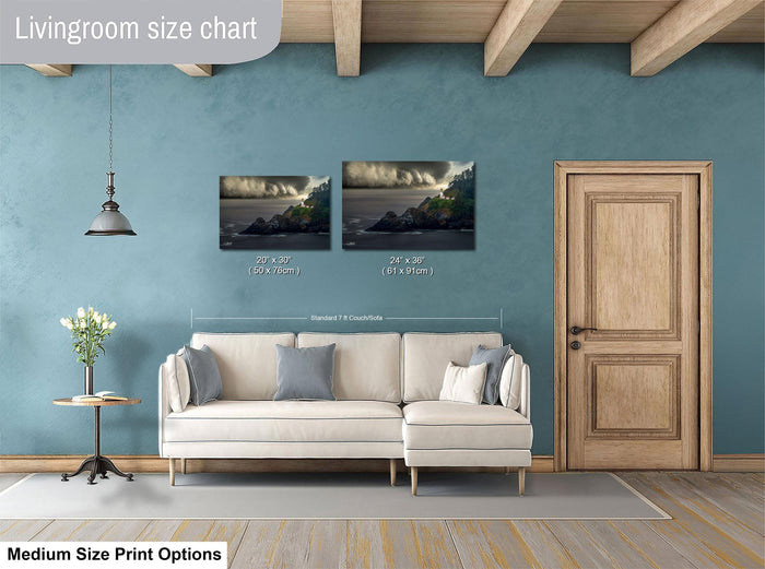 a living room with a white sofa, a wooden door, and a painting of a landscape on the wall. The living room appears to be designed for relaxation and comfort, with a focus on the artwork and the overall aesthetic.