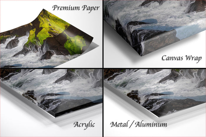 The image is a collage of four different types of materials used for printing or framing artwork, including premium paper, canvas wrap, acrylic, and metal/aluminum.