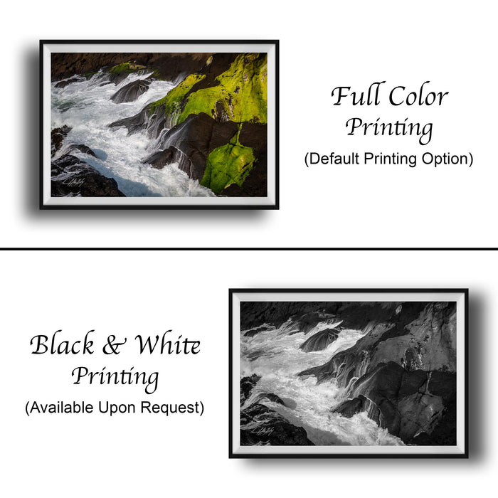 The image is a collage of two framed photographs. The top photograph is a black and white image of a waterfall, while the bottom photograph is a full color image of the same waterfall. The text below the images indicates that the full color printing is the default option, and the black and white printing is available upon request.